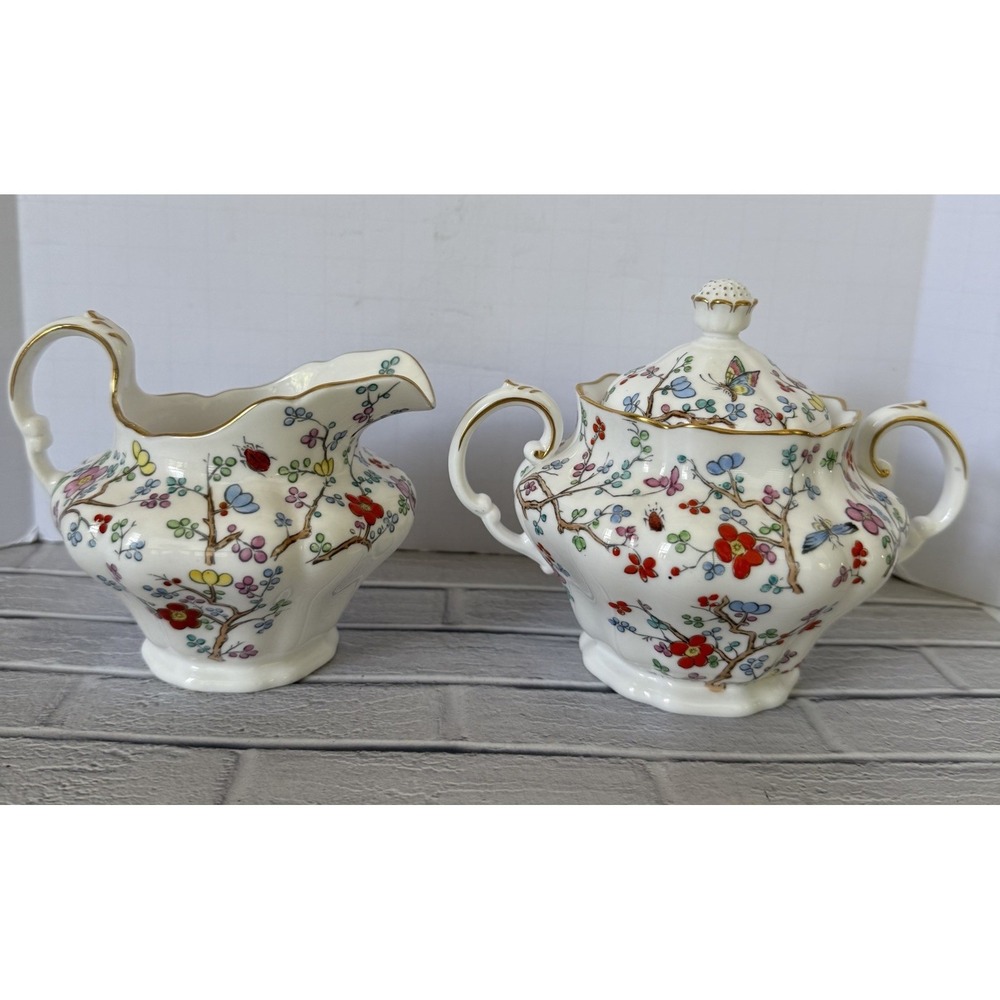 Vtg Spode "Shanghai" England Bone China Creamer & Lidded Sugar Bowl Butterfly